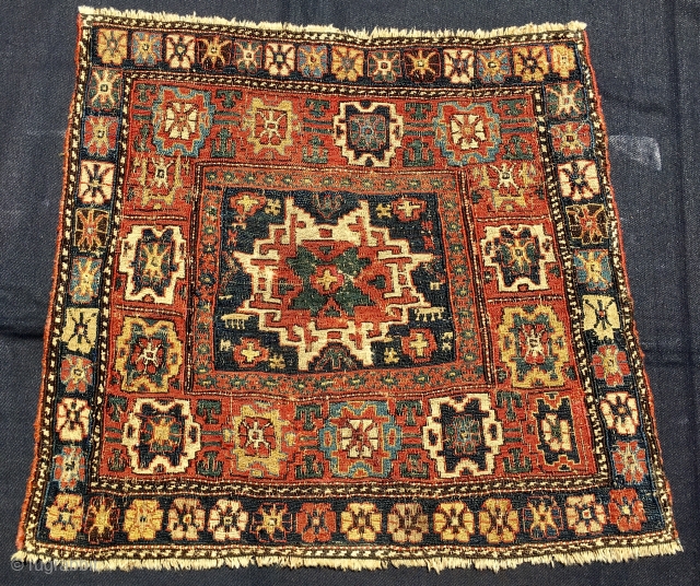 Shahsavan Lesghi Star Top Sumack bag. Cm 52x54. Mid or even first half 19th c. Very rich, very primitive weaving, very beautiful saturated natural dyes. In good condition, no rest. Available.
Please email  ...
