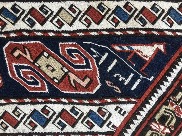 Khyzy sumack khorjin bag face. Cm 44x46. Dated 1312 or 1895. In Azerbaijan, north of Baku, there is the Khyzy or Xizi village. Their sumack bags are simply wonderful. There aren't many  ...