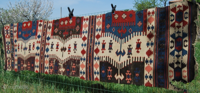 Western Anatolia kilim strip. Cm 86x342 ca. Mid 19th century. Could be an Aydin Cine or from Karakuzu village near Bergama. Great pattern, great saturated colors, among them a super aubergine………rare &  ...