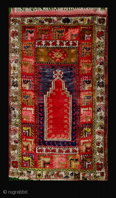Antique Anatolian prayer rug, 164x94cm, joyful colours, very good condition, full pile, the dark brown a bit corroded, handwashed gently, waiting to share it's cheerful vibes with you.     