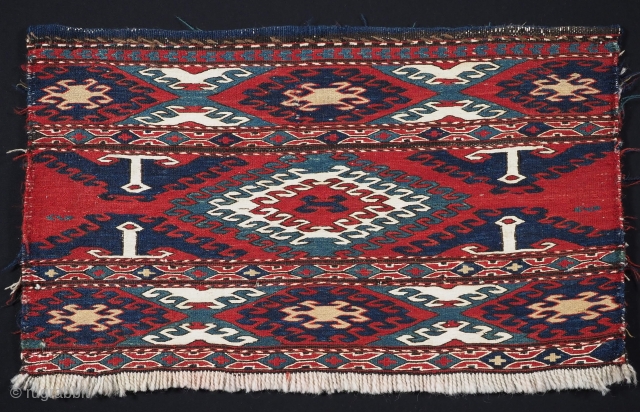 Antique Shahsavan or south Caucasian soumak mafrash panel, with traditional design.
Size: 1ft 11in x 1ft 8in (59 x 35cm).
Circa 1890.
£500.00 / $600.00 inc DHL shipping.
A good mafrash panel in soumak technique. The  ...