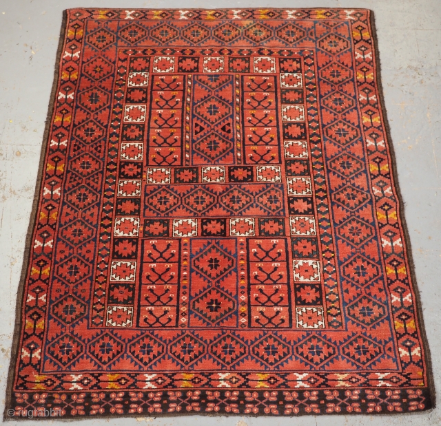 Antique Ersari Turkmen ensi of traditional design with excellent colour. www.knightsantiques.co.uk 
Size: 5ft 4in x 4ft 4in (162 x 128cm).
Circa 1880.

Ensi were door hangings used to cover the entrance to a yurt.

This  ...