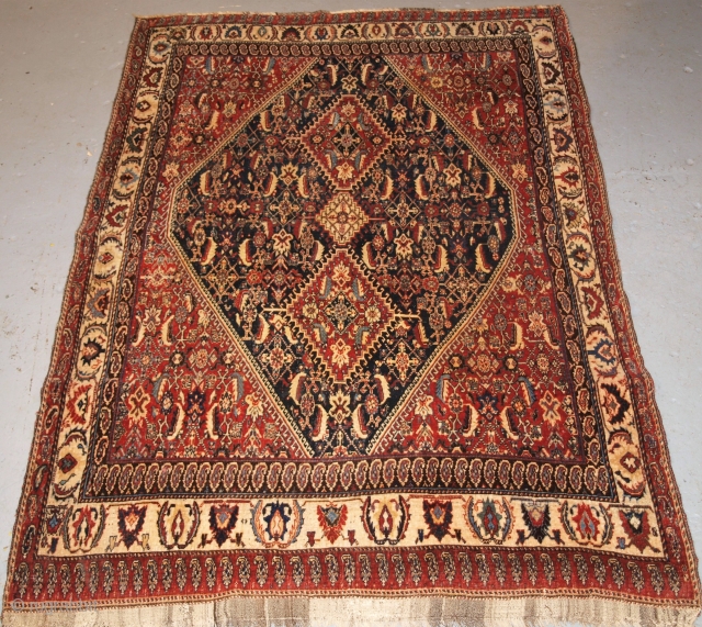 Antique South West Persian Kashkuli Qashqai rug, with triple medallion design, outstanding drawing and colour. The two large medallions and small central medallion are surrounded by a field with the herati design.  ...