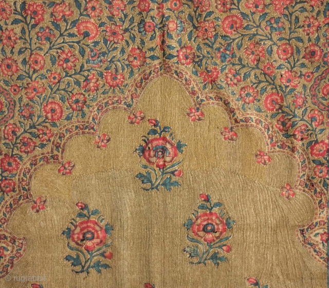 Kalamkar block print, early to mid-19th century.  Very thin cotton ground with heavy use of metallic thread in the field and borders.  Very fine drawing with life-like composition of the  ...