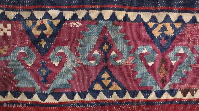 Sinanli kilim, 19th century. The motifs in green-blue have a wonderful archaic drawing.  Areas throughout have been stitched over to secure them in the older way of repai but it is  ...