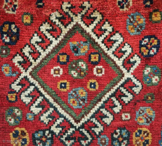 Qashqa'i complete bag, 19th century.  You can feel the lanolin in the plush wool pile.  Mezmerizing kilim back.  41 x 39 cm.  Contact danauger@tribalgardenrugs.com     