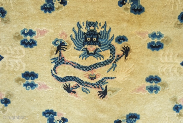 Peking Dragon Rug, Early 20th century.  The dragons are five-clawed of the imperial type and eagerly pursuing their flaming pearls of wisdom. Supple wool on cotton warps.  O couple small  ...