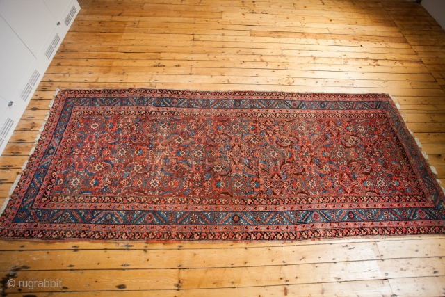 Kelleh Bakshaish Rug, 1910. Some etching and wear. Part wool part cotton foundation. Two patches. 5'x13'. Contact for more info.             