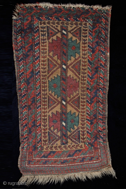 Balouch Balisht
Age: late 19th century
Origin: Afghanistan
Size: 50 cm x 95 cm
Info: This small piece has a very tribal feel with its chunky wool and the tree of life pattern in a very  ...