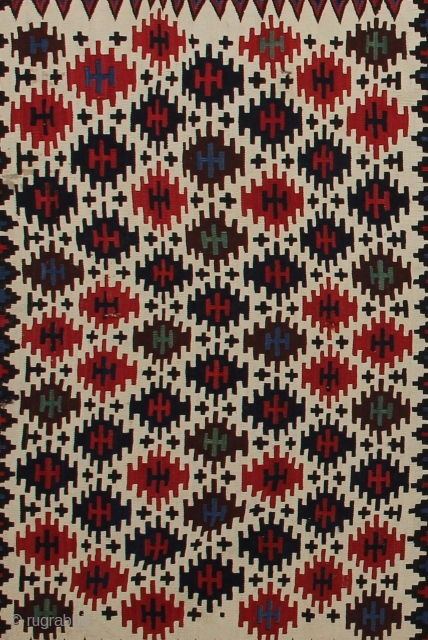 Shasavan Kilim Panel
Age: Late 19th century
Origin: Persia
Size: 105 cm x 183 cm
Info: Good strong colours and very good condition. Taken from a complete Mafrash bag.
        