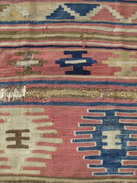 West ( Kutahya ? ) or Central Anatolian ( Cappadocia ? ) kilim fragment....18th century or earlier.....2'6" x 3'3" (75 x 100cm )...salt and pepper warps....with selvedges....condition as found and shown (  ...