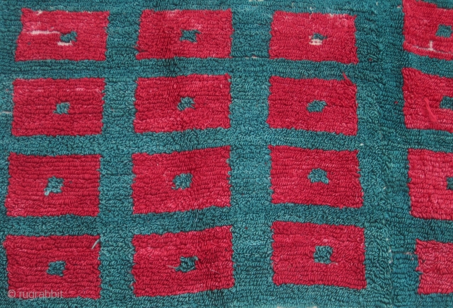 Central Anatolia...Vintage ( pre-40s) Karapinar Tulu......looped technique, in (2) pieces joined....3'6" x 5'5"( 107cm x 165 )....aniline dyes..wool and angora goat hair...condition as found and shown.       