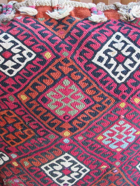 Kurdish Saddlebag pillows....East Anatolian...circa 1875....19" x 22" each
(48cm x 56cm ).....wool on wool with cotton highlights & 'wish' tassels .....reciprocal brocading ,sumac weaves....all vegetal and insect dyes....unused 'box' condition as shown . 