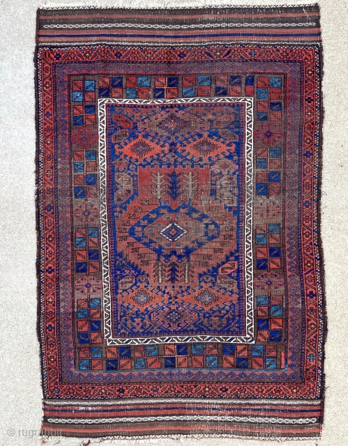19th century Timuri Baluch rug with complete ends. 3'8" x 5'6"                      