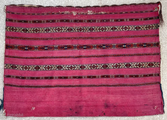 Late 19th century cochineal Tekke chuval, published in Turkmen Carpets a New Perspective Volume 1, Plate 68. Laboratory analysis verifies cochineal use. 2'9" x 3'9".        