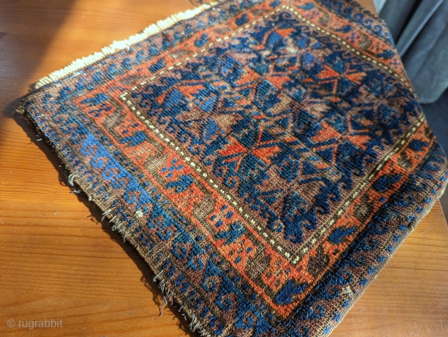 Timuri Baluch chanteh. The light blues really shine in the light. Good soft wool and oxidized browns. 1'5" x 1'9". Contact me at: steven.malloch@gmail.com or gerrerugs@gmail.com       