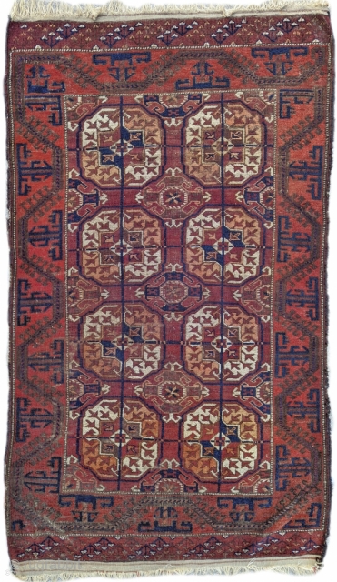 Antique Mahdad Khani Baluch with complete ends and good pile. Natural dyes. Well drawn with unusual Tekke style elems. 90 x 158cm or 3'0" x 5'2"1.       