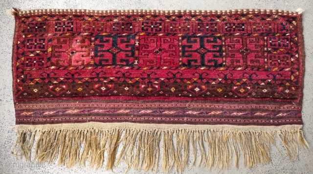 Late 19th - 1900 Ersari Germech. Really nice complete piece. One old hole repair. 1'4" x 3'3" or 40 x 100cm. Natural dyes.          