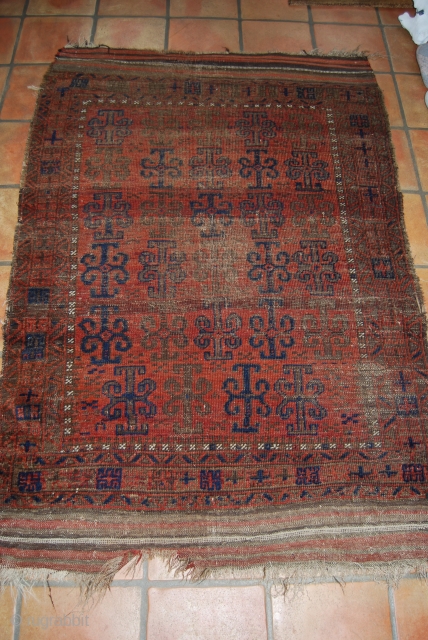 Antique Baluch rug 19 c., 110 x 165 cm, wear, thin, complete with kilim ends                  