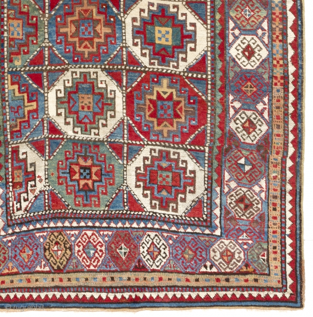 Colorful Antique Moghan Kazak Rug from Caucasian Mountains, second half 19th Century. Generous pile, lustrous lambswool with floppy texture, all natural dyes. Both ends rewoven by one inch (perhaps twenty years ago),  ...