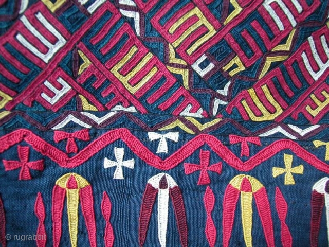 Detail of Tekke Blue Ground Chirpy, Turkmenistan. Circa 1900, perfect condition, silk on silk with roller block printed lining. Please contact us for complete images.        