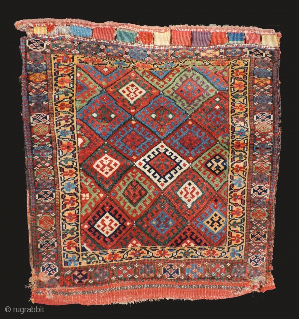Large, old Jaffe Kurd bag face with back.  19th century.  Very nice color with an apricot ground border. Size: 38 x 34 inches.        