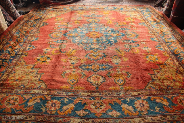 11'9" x 12'10" Antique Oushak. In full pile with a few small holes.
Email for more pictures and info               
