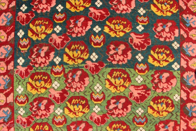 Dated green field Seychour runner in full pile. 3'10" x 11'2"                      