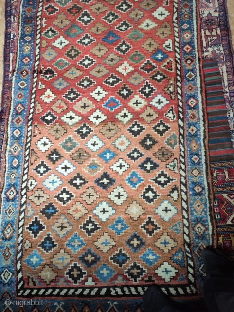 Kurd, North West Persian runner, circa 1900 in good condition.  Rug has 
mostly full pile, with a few areas of oxidized brown/black showing exposed 
knot loops (not all darker colors have  ...