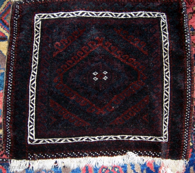 Somber Baluch bagface.  Full pile.  Has small tear (secured) in lower right corner.                  