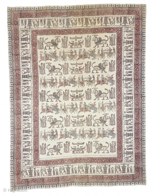 Persian Kalamkari Hand-Drawn Mordant-And Resist-Dyed Cotton, From Persia , Iran.

Several royal figures of all types of occupations and garbs are featured interacting with each other. Alongside these figures are numerous mythological beasts,  ...