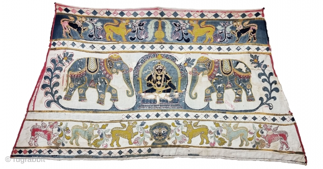 Unique and Rare Temple Hanging Applique work from South India. India. Cotton with cotton  Applique work. Showing the Lord Krishna with both side Elephants Surrounding with Beautiful Lions and Tree's.

C.1850 -1875.

Its  ...