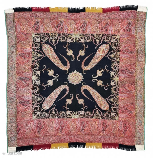 Kashmir Kalamkar Square Shawl (Rumal) on the Kani Weave, Showing the more than twelve different variations of color combination , Its From Kashmir, India. India. 

C.1850-1875. 

Its Size is 162cmX165cm (20221030_170011).  