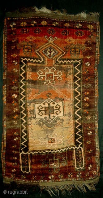 From Sonny Berntssons collection:
East Anatolian prayer rug fragment 73 x 130 cm
Circa 1870.
Mounted on fabric.
An old used prayer rug with damage as can be seen on photos.
More info if you ask.
NOTE: E-mails  ...