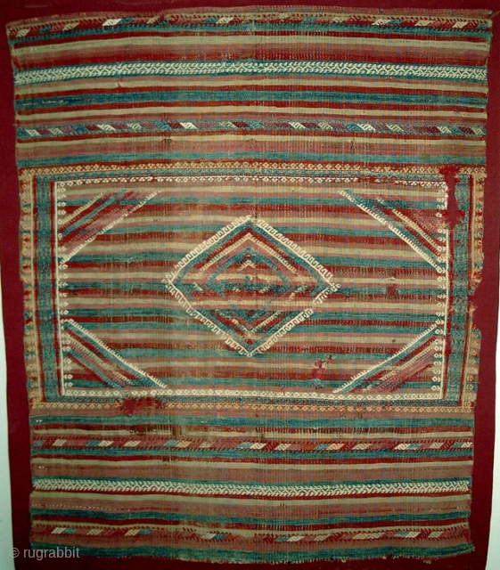 From Sonny Berntssons collection:
No 935 Sofrah, C Anatolia circa 1860.
120x143 cm mounted on cotton fabric.
Plain veave with pattern in cicim technic.
Fragment as can be seen on photo.
More info if you ask.
NOTE: Some  ...