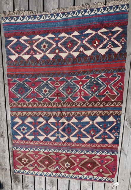 From Sonny Berntssons collection:
No 1006 East Anatolia kilim fragment 82 x 126 cm. No repair.
19th cent. All natural colours. 
White is cotton and there are also cochineal.
More info or photo if you  ...