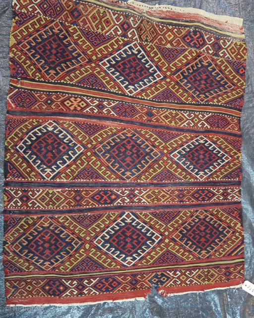 From Sonny Berntssons collection:
No 822 Cuval (sack) fragment Karacadag area, Central Anatolia.
End 19th cent. 104 x 126 cm soumac technic.
All natural colours. More info or photo if you ask.
NOTE: All e-mails are  ...