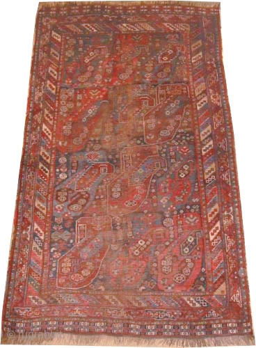 


Shiraz-Khamse Persian knotted circa 1920 antique, 226 x 138 cm  carpet ID: K-3682
The black knots are oxidized. The knots, the warp and the weft threads are wool. Both edges are finished  ...