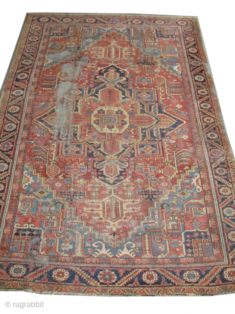 Heriz Persian, old, 336 x 240 cm, carpet ID: P-5918
The black knots are oxidized, the knots are hand spun wool, used places.

           