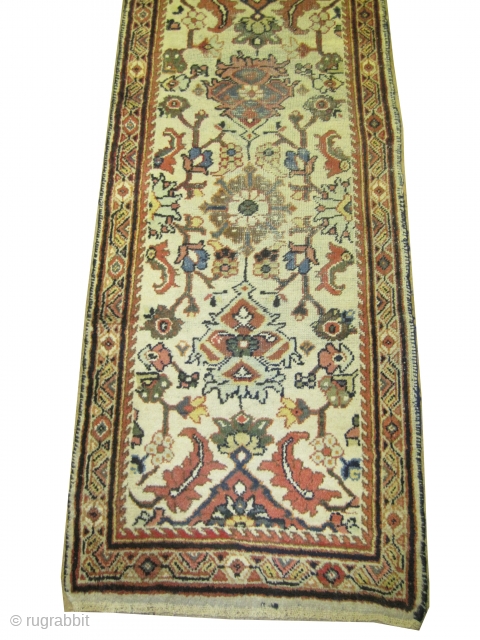 Mahal Persian knotted circa 1920 antique, 84 x 404 cm, ID: K-3507
The black knots are oxidized, the knots are hand spun wool, the background color is ivory, the surrounded large border is  ...
