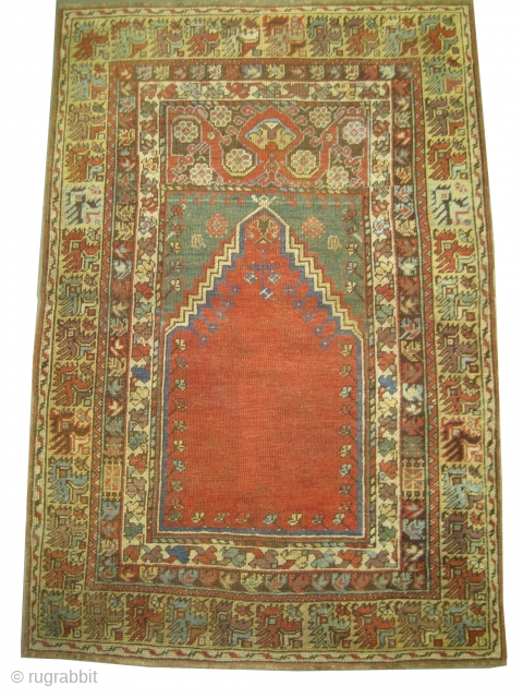 Kirshehir prayer Anatolian, antique, collectors item, 133 x 98 cm, ID: K-1314
The brown knots are oxidized, the warp and the weft threads are 100% wool, the knots are hand spun wool, from  ...