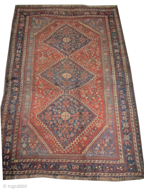 

Qashqai Persian knotted circa in 1905 antique, collector's item, 251 x 170 (cm) 8' 3" x 5' 7"  carpet ID: K-3445
The black knots are oxidized. The knots, the warp and the  ...