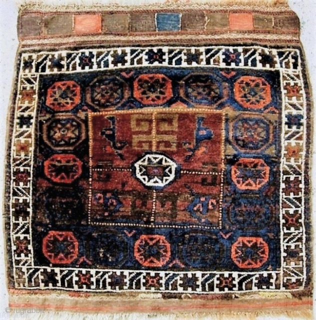 Nice nomadic large Baluch bag with original back and deep lustrous, pelt-like pile. c 1900. No repairs, natural dyes. 34 x 35 inches overall. 500 USD checks only on US banks.  