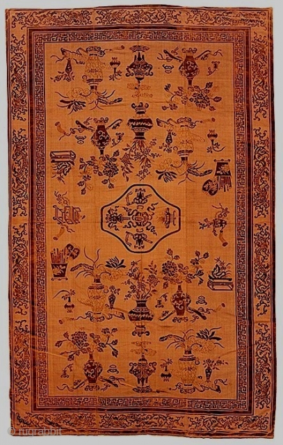 Copper-colored silk voided velvet brocade carpet, China, first half 19c, approx. 5 X 11 feet.                  