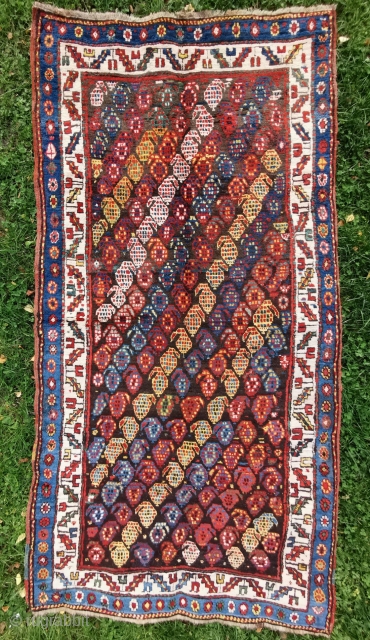 Colorfull & happy Caucasian. IMO Karabagh, late 19th. century, good overall condition, meaty pile, some small old restorations, wool on wool, ca. 218 x 114 cm. You may inquire directly to: finkmarcel.99@gmail.com 