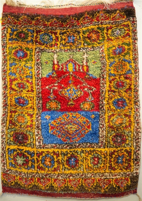Small Turkish prayer rug early 20th century. Size is 3'11 x 2'9". The rug was left un-sheared as if meant to be used as a child's sleeping rug. Whatever the reason it  ...