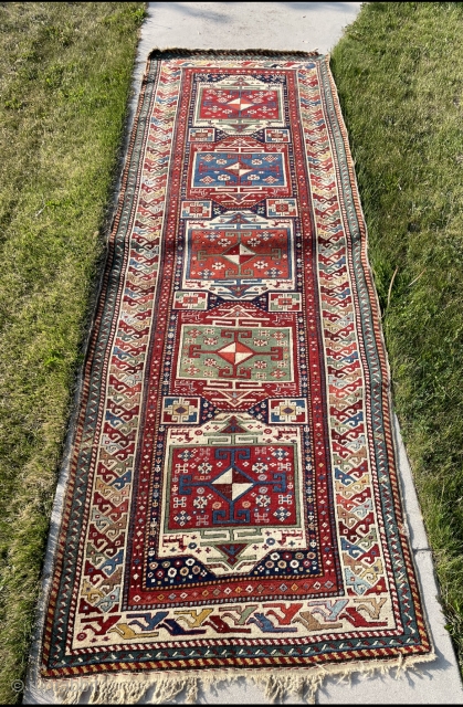 10’4”x 3’7” end of 19th century Surahani Caucasian runner. Nice colors, maybe a bit stiff in design, decent condition despite some issues with a couple of corners and some binding, you’ll like  ...