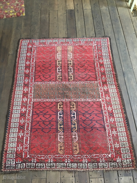 Exceptional Antique Turkman Eersari Engsi Rug, 19th Century. All colors derived from natural dyes. Includes a beautiful light green and yellow.  Good condition with low pile throughout. Unusual inner borders including  ...
