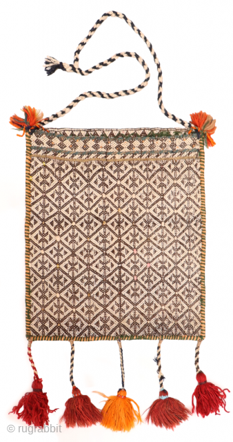 This antique Qashqai chanteh or bag has a geometric grid pattern on the front that plays with the contrast of light and dark colors. Wool and cotton are spun extremely fine. The  ...