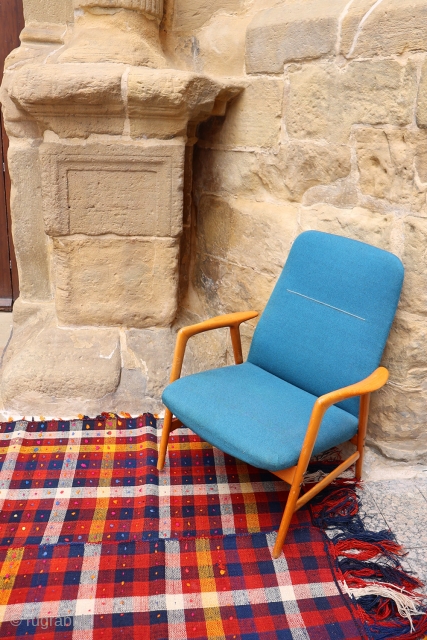 An all wool, naturaly dyed Qashqai jajim, called ¨moj in Iran. 
Moj were used to cover the piles of carpets and kilims in nomadic tents, although today they are used as yet  ...